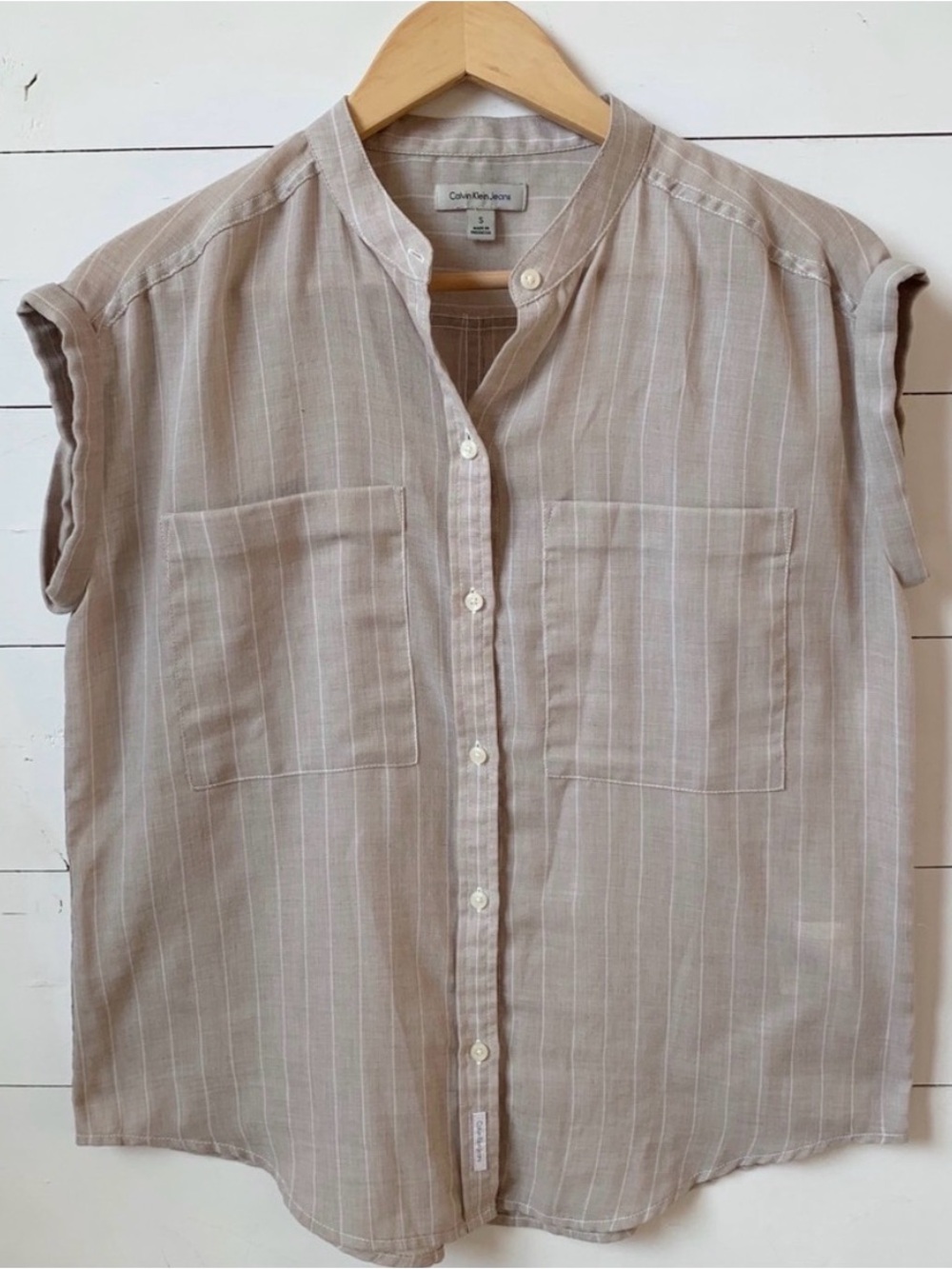 Calvin Klein Jeans Beige-Striped Short Sleeve Band Collar Shirt